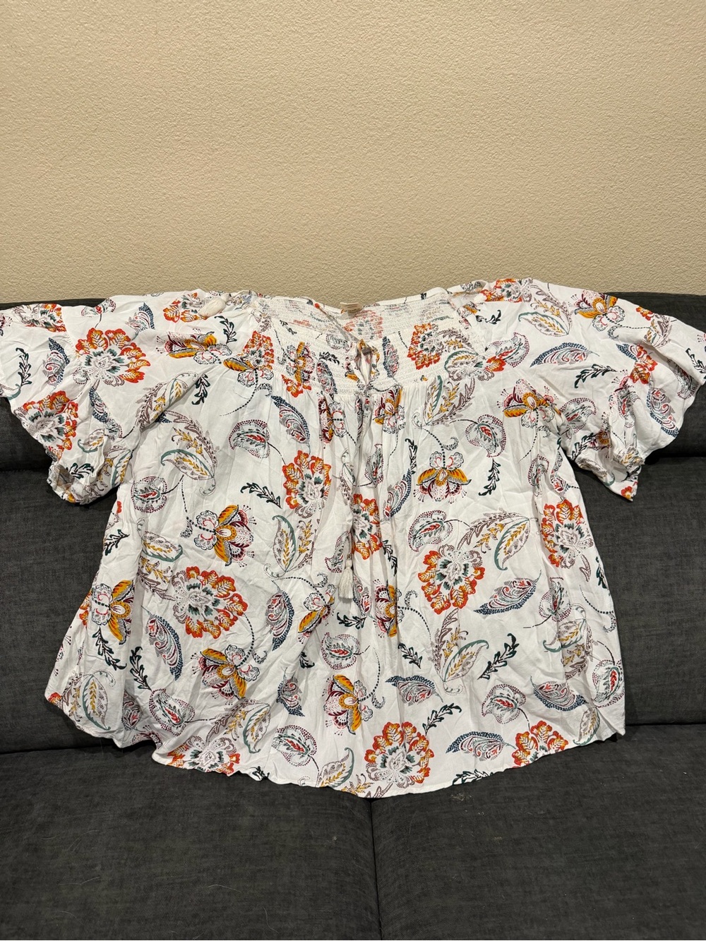 Terra & Sky White Floral Off-Shoulder Blouse with Orange & Yellow Accents